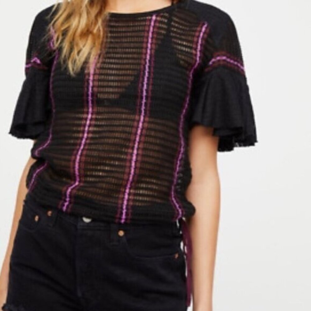 Free People Black Babes Only Open Knit Sweater Top Women's Size Small